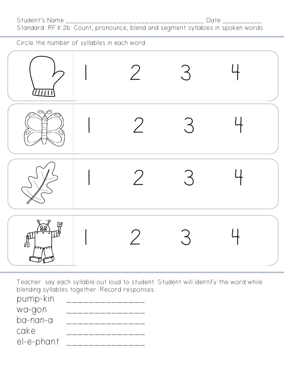 Syllable assessment uses mitten, butterfly, leaf, and robot pictures, plus five teacher-led word blending prompts