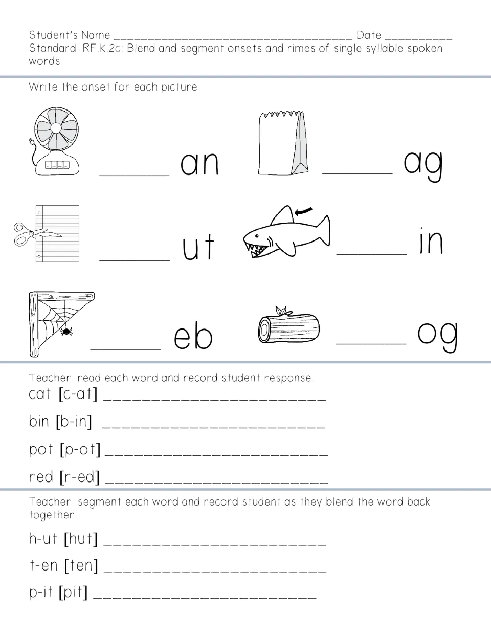 Onset and rime assessment asks for initial letters in fan, bag, cut, fin, web, and log, plus oral sound tasks