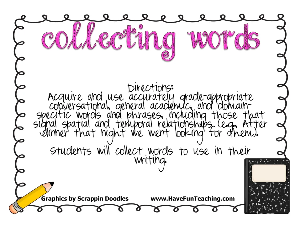 Collecting words directions: students gather conversational, academic and domain-specific words to use in their writing