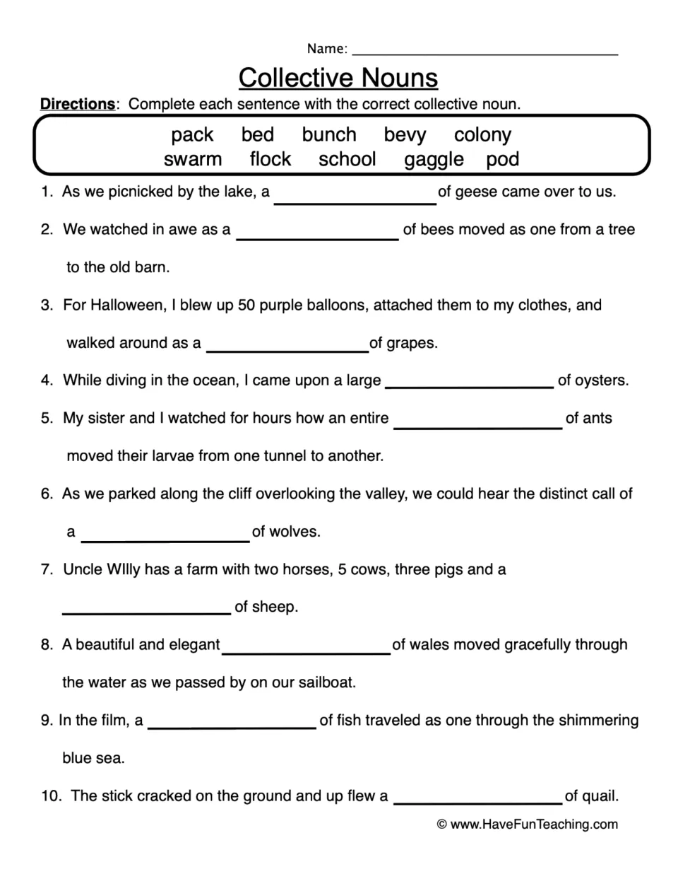 Collective nouns: students complete 10 sentences using a word bank such as pack, swarm, flock, pod and gaggle