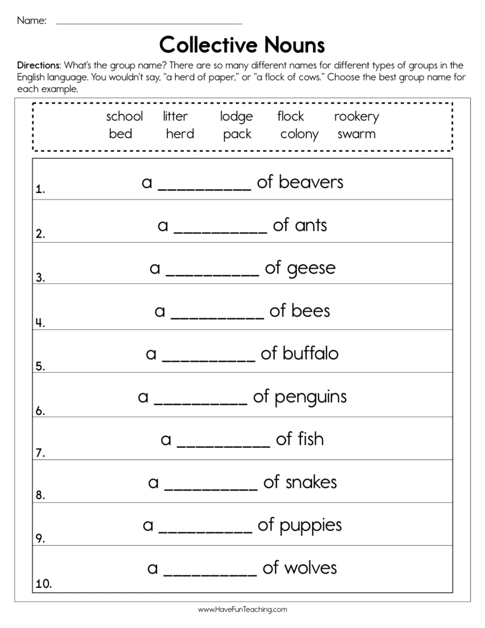 Collective nouns: students pick herd, flock, swarm or another bank word to name 10 animal groups, from beavers to wolves