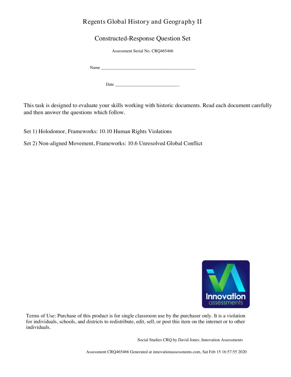 Assessment cover for two Global History CRQ sets on the Holodomor and the Non-Aligned Movement