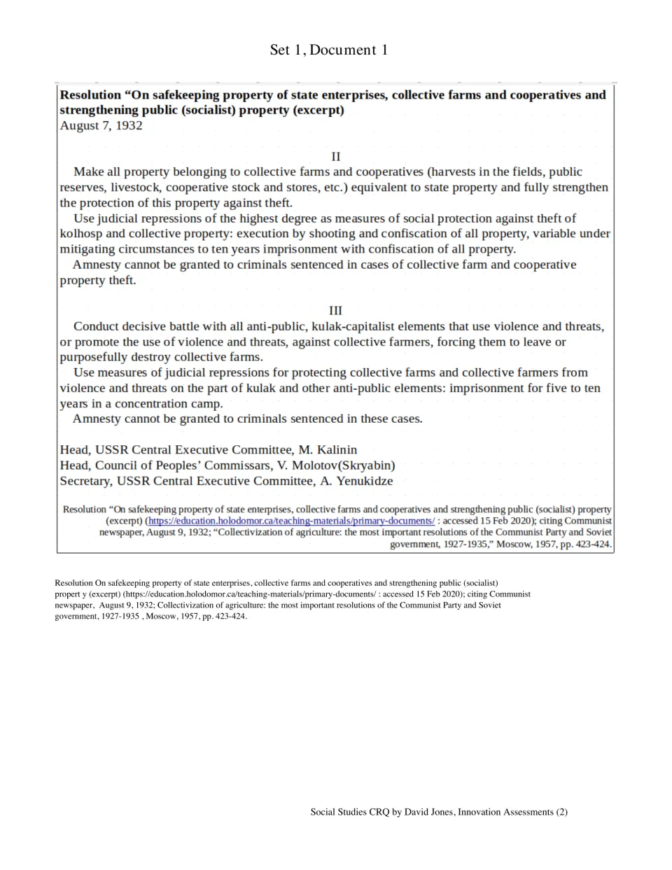 Set 1, Document 1: a 1932 Soviet resolution prescribing penalties for theft of collective farm property