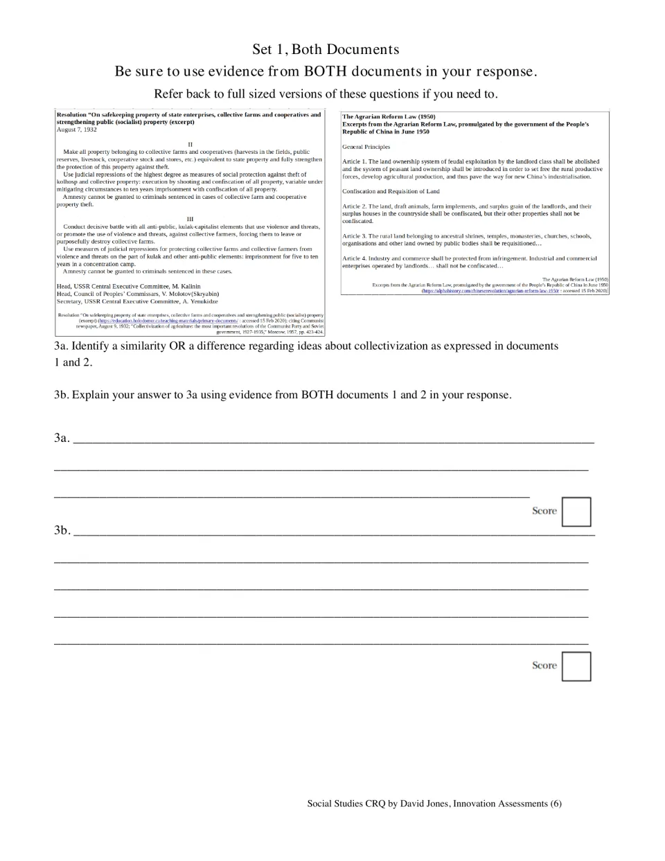 Set 1 paired-document questions ask students to compare ideas about collectivization using both sources