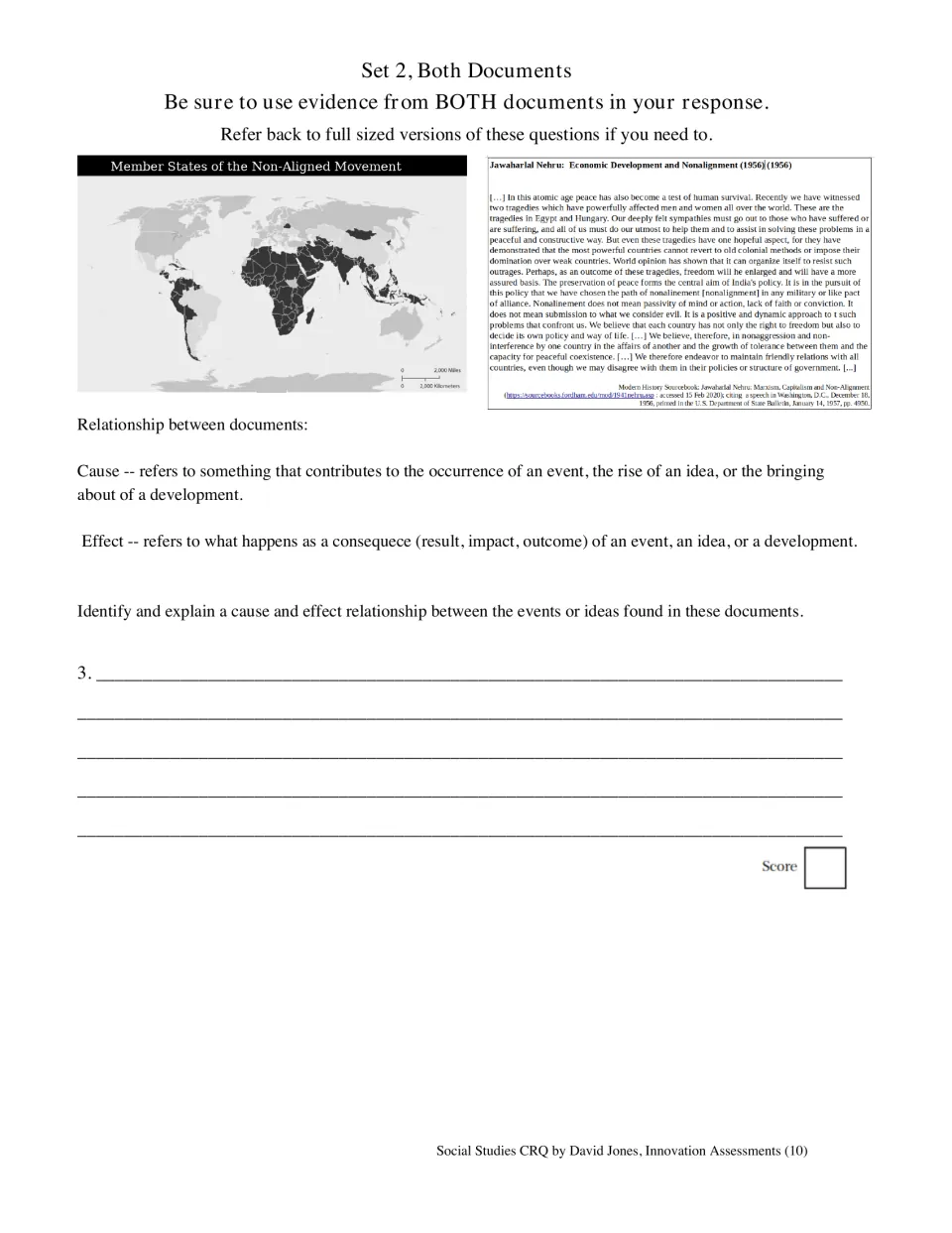 Set 2 paired-document task asks for a cause-and-effect relationship using the membership map and Nehru speech