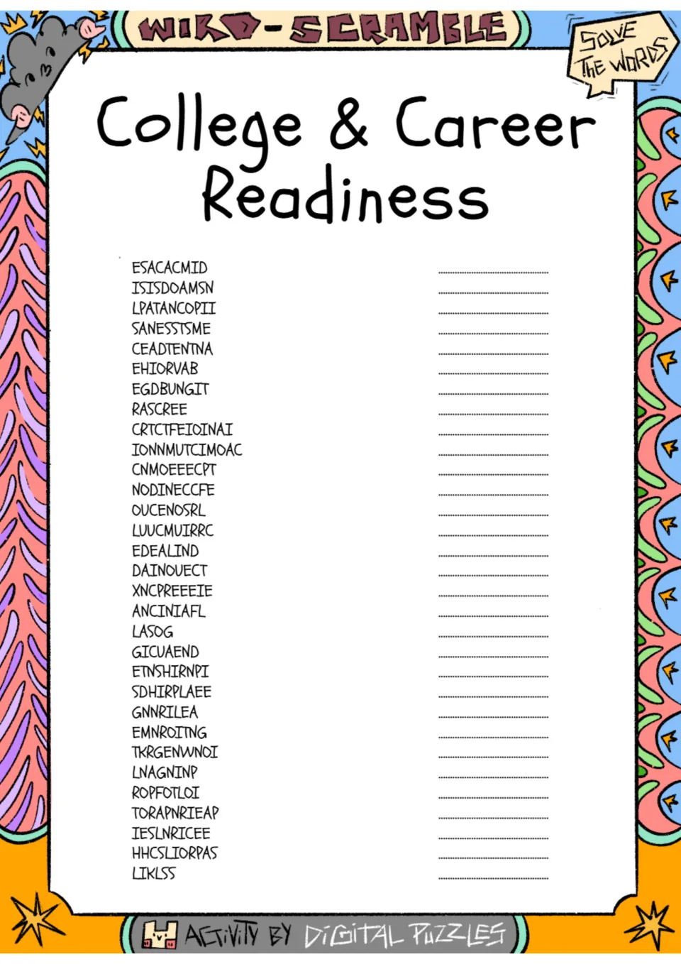 College and career readiness word scramble: students unscramble 31 terms such as ESACACMID and write each word on the line