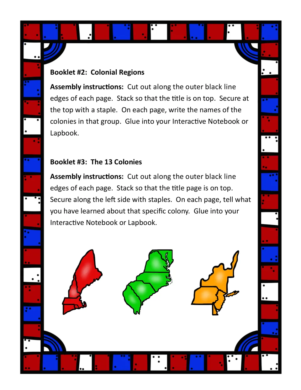Assembly steps for Booklet #2 Colonial Regions and Booklet #3 The 13 Colonies, with region maps in red, green and orange