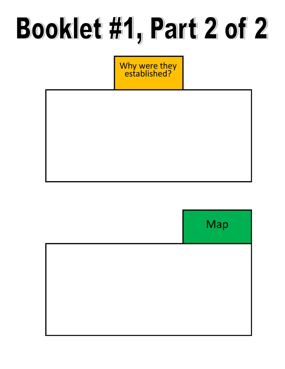 Colony Basics cut-out piece: students explain 'Why were they established?' and glue and label a colonies map under Map