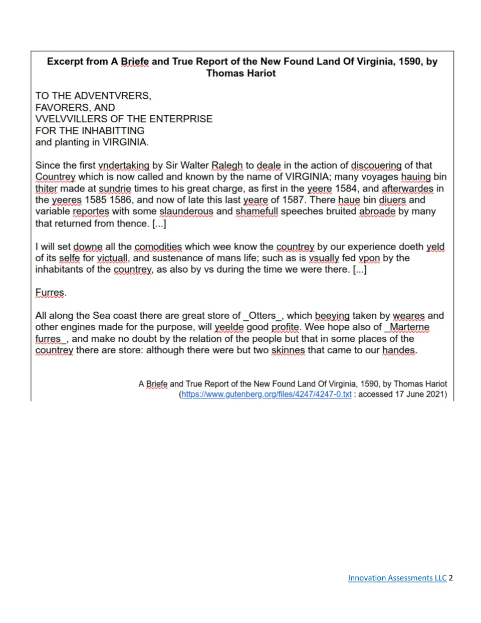 Document 1: Thomas Hariot's 1590 Virginia report on Raleigh's voyages and commodities such as otter and marten furs
