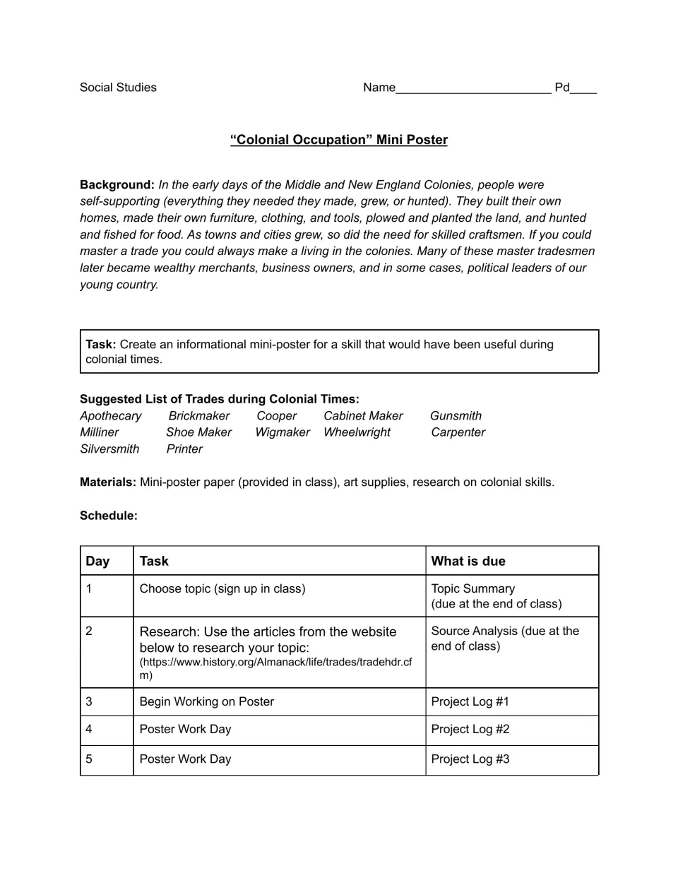 Mini-poster project directions: colonial trades, required materials, and a five-day schedule of tasks