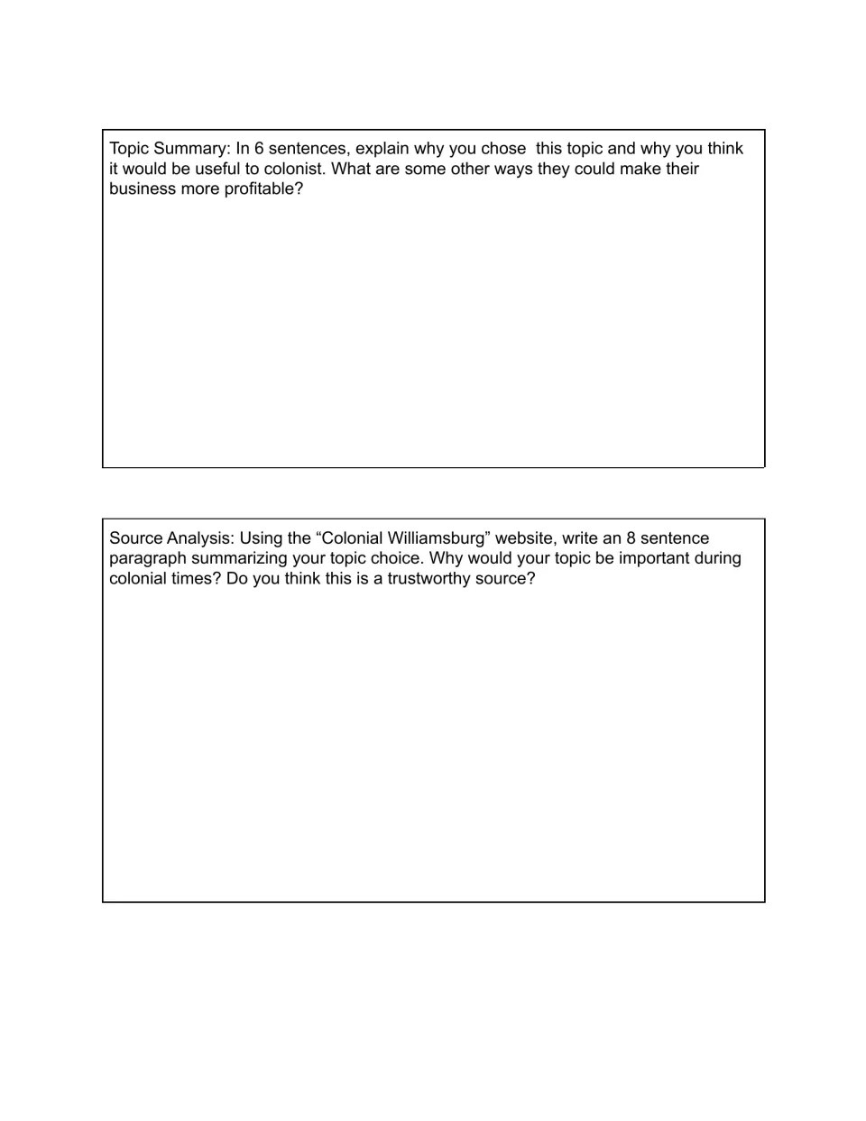 Project research prompts: six-sentence topic summary and eight-sentence Colonial Williamsburg source analysis