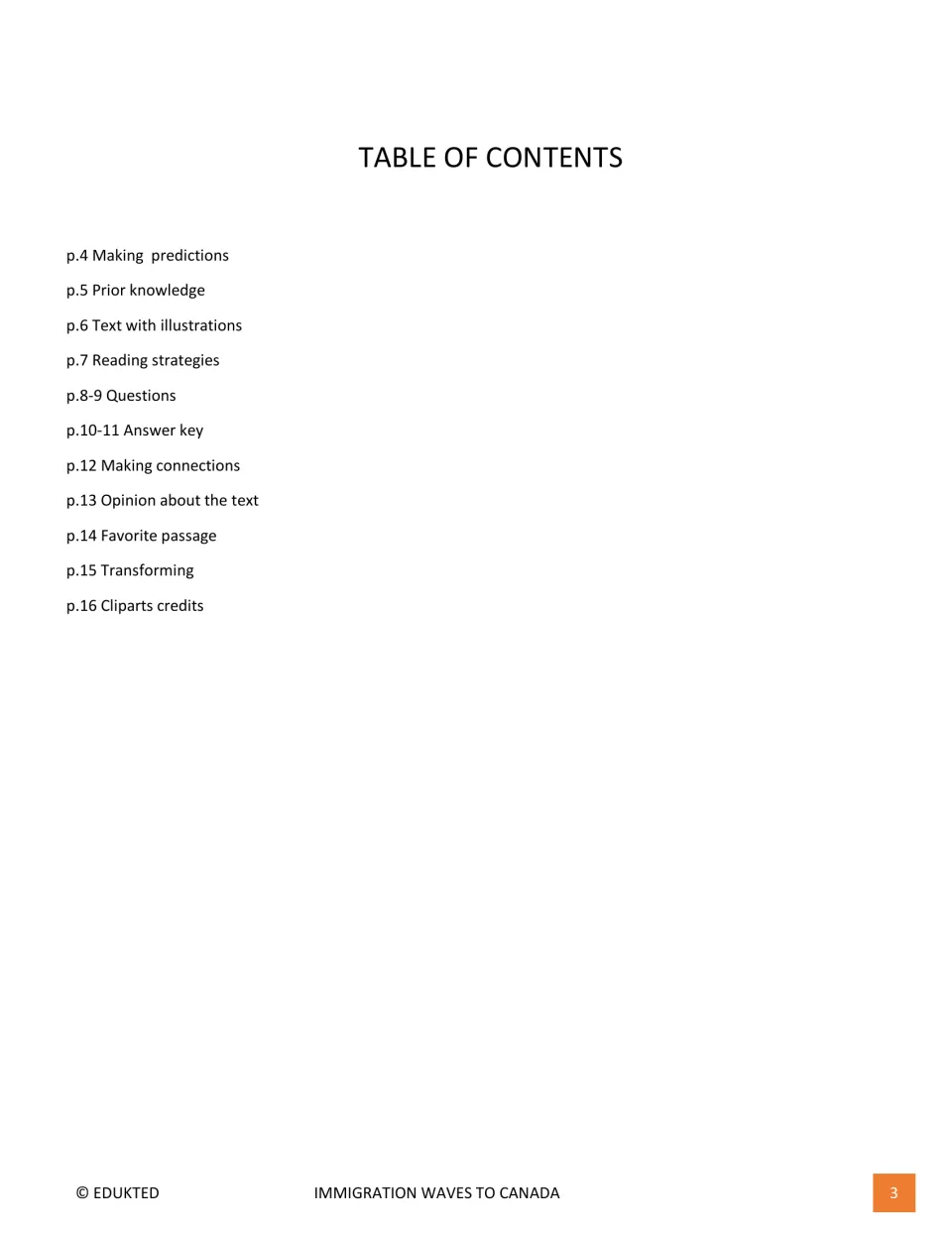 Reading packet contents list predictions, prior knowledge, the passage, questions, answers, and response tasks