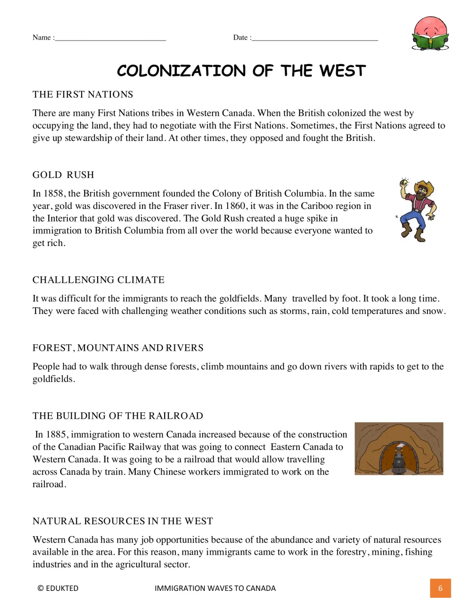 Nonfiction passage covers First Nations, gold rushes, travel challenges, railroad building, and natural resources