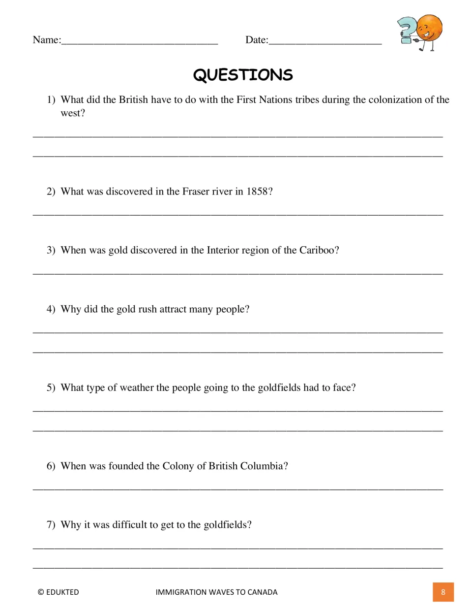 Comprehension questions 1–7 cover First Nations, gold discoveries, British Columbia, weather, and travel obstacles