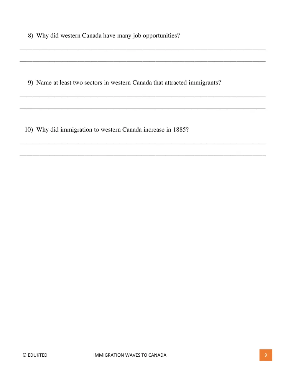 Comprehension questions 8–10 ask about western Canada's jobs, industries attracting immigrants, and growth in 1885