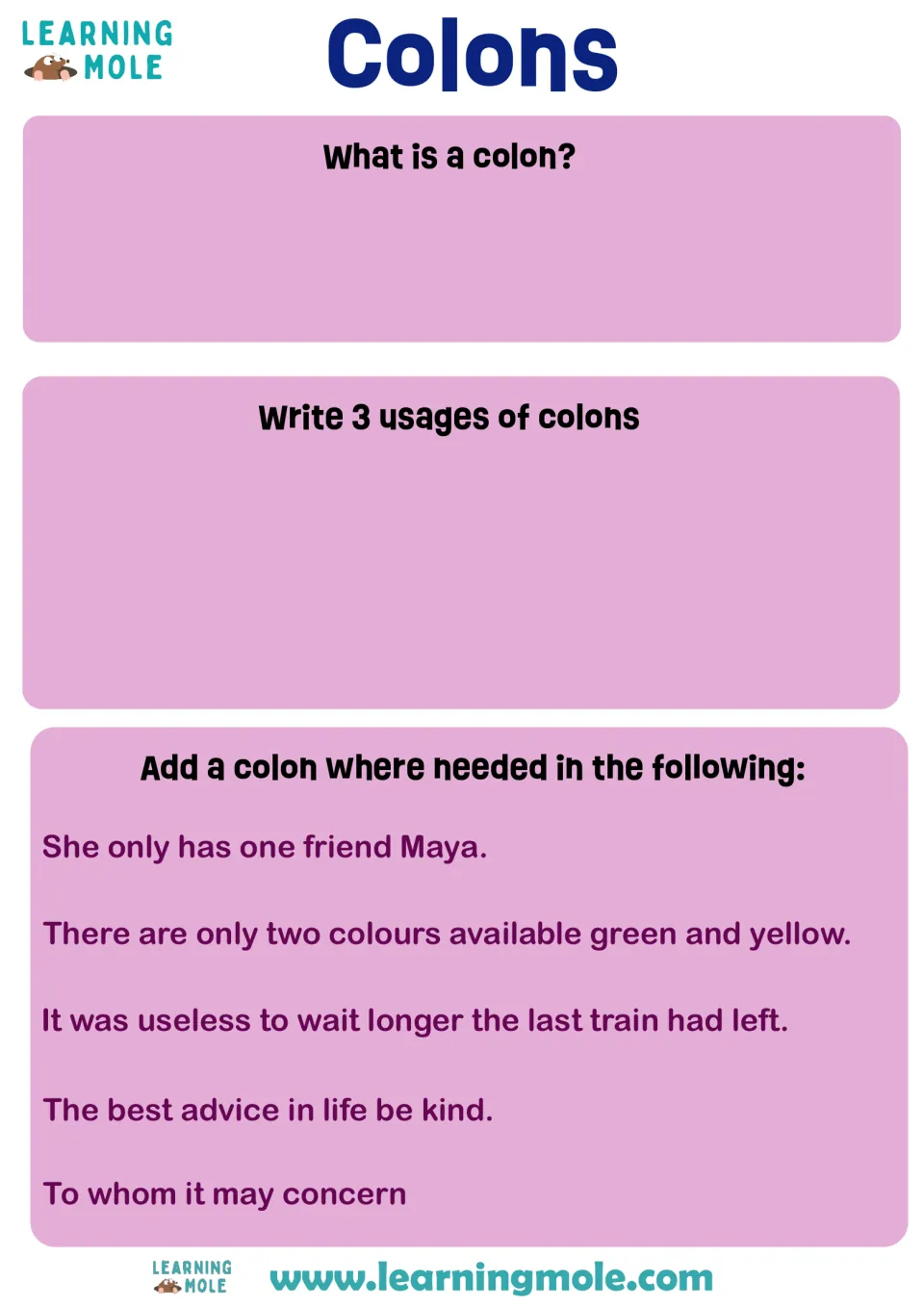 Colon punctuation: students explain what a colon is, write 3 uses of colons, then add colons where needed in 5 sentences