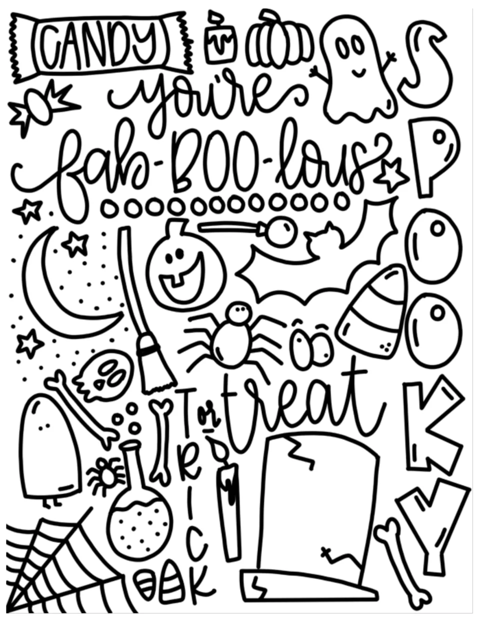 Halloween doodles to color: "You're fab-BOO-lous" lettering, SPOOKY, trick or treat, ghost, bat, spider and gravestone