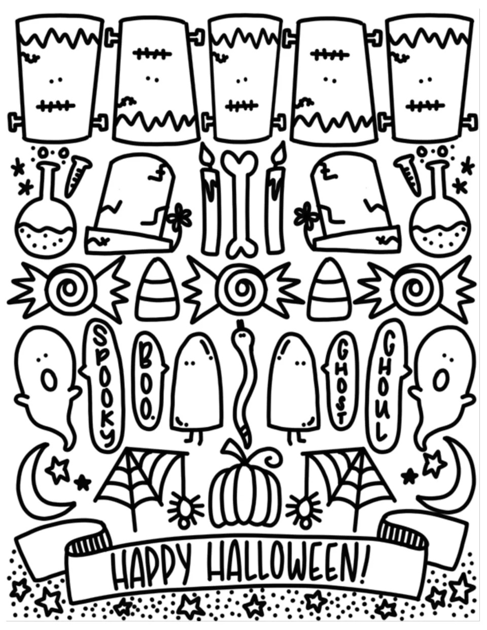 Uncolored cover art: rows of Frankenstein heads, gravestones, candy, ghosts and a Happy Halloween banner to color
