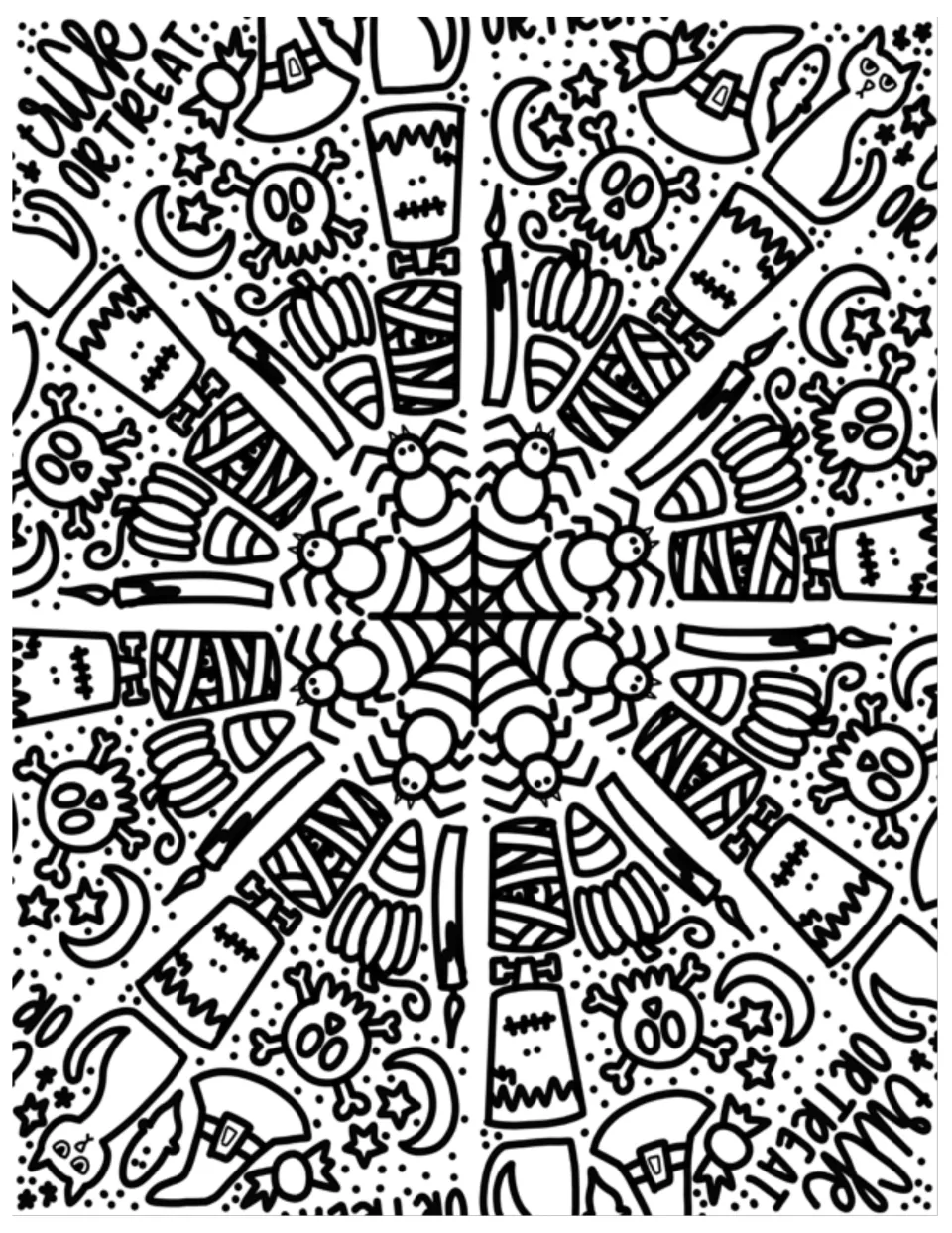 Radial Halloween mandala to color: a center web circled by spiders, with mummies, skulls, candy corn and witch hats