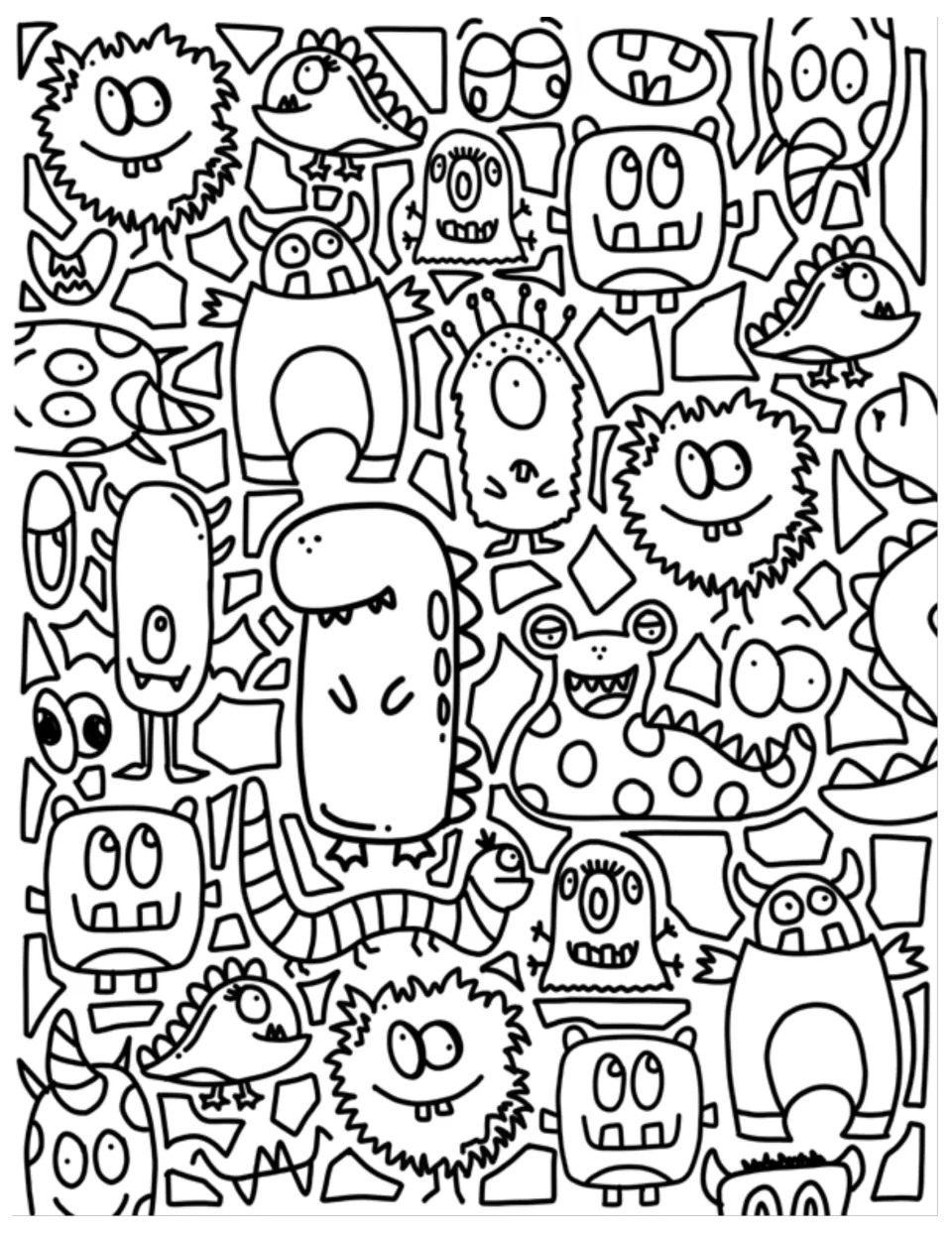 Cute creature doodles to color: furry, one-eyed, horned and spotted monsters with small shapes filling the gaps