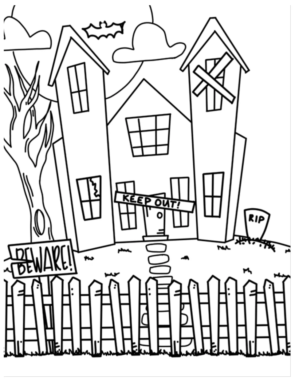 Haunted house scene to color with a bare tree, BEWARE sign, KEEP OUT on the door, RIP gravestone, bat and picket fence