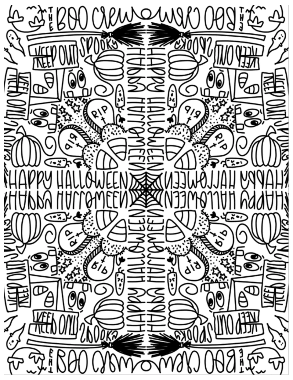 Mirrored Halloween design to color repeating HAPPY HALLOWEEN, THE BOO CREW, SPOOKY and KEEP OUT around a center web