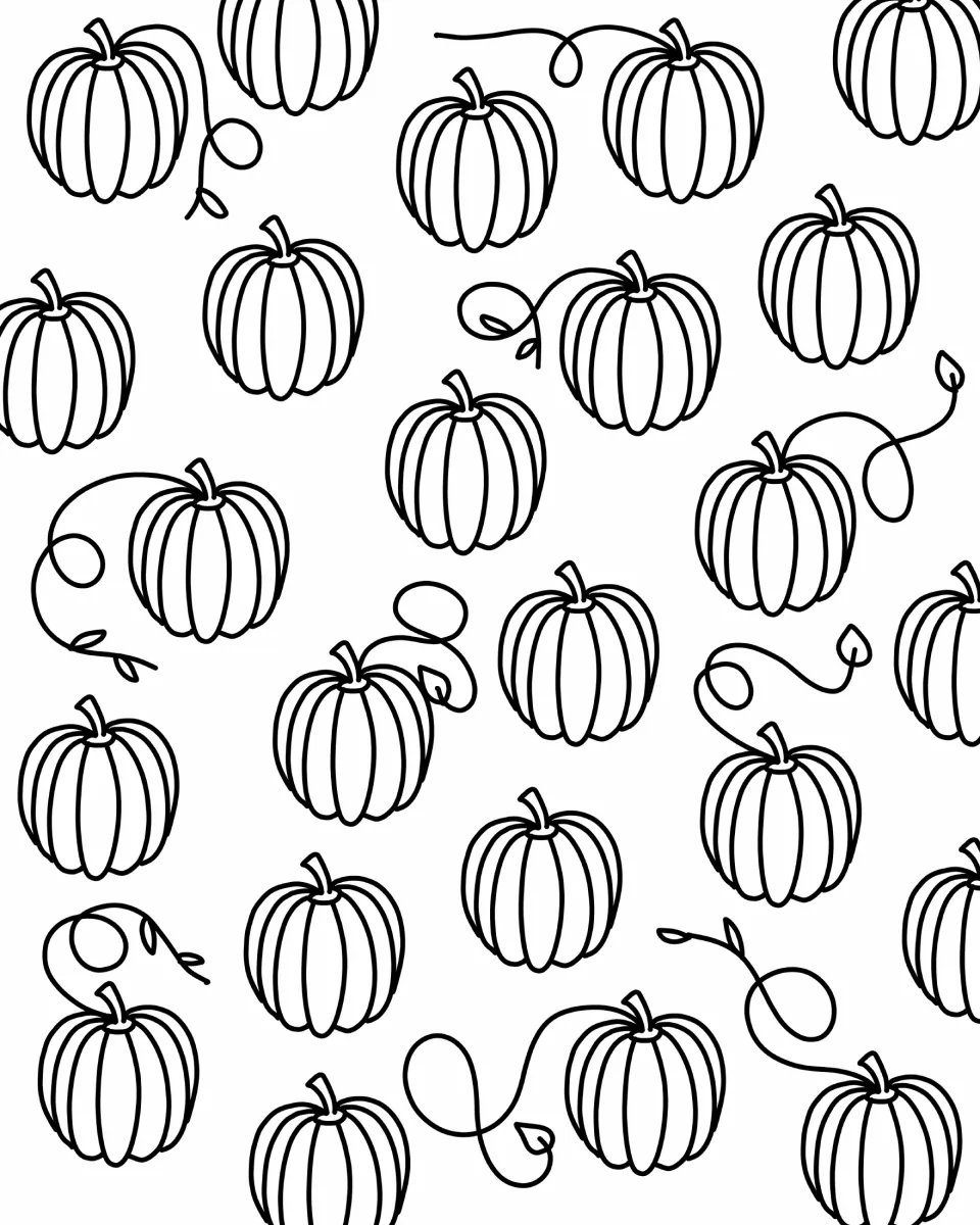 Pumpkin pattern to color: dozens of ribbed pumpkins scattered across the sheet with curling vines and small leaves