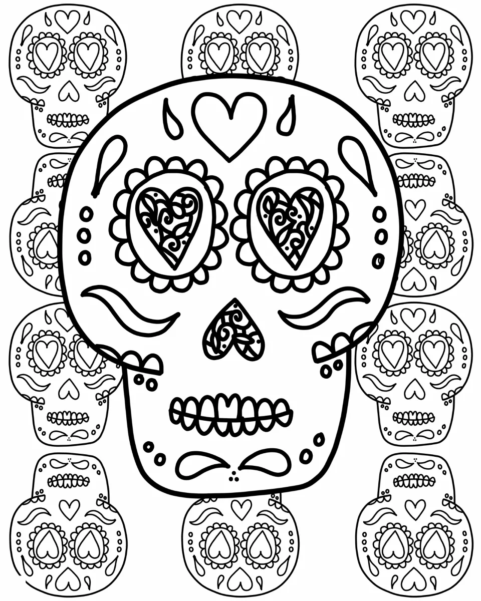 Sugar skull to color: one large skull with heart eyes, heart nose and swirl details, framed by smaller sugar skulls