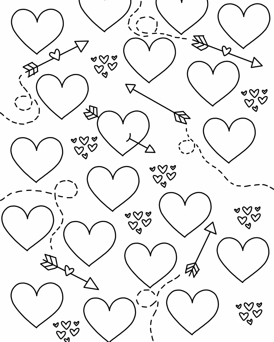 Valentine hearts coloring page: students color large outlined hearts, tiny heart clusters and Cupid arrows on dashed paths