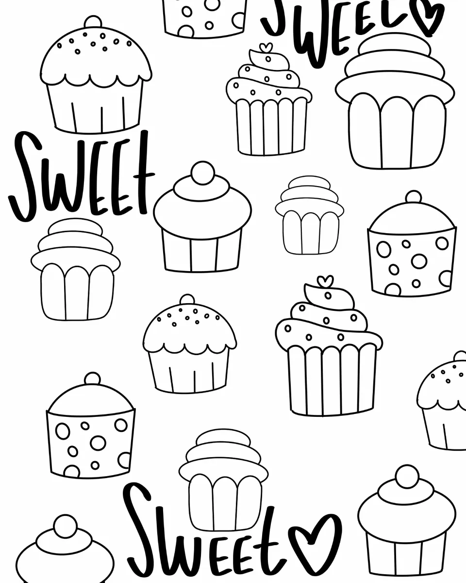 Sweet cupcakes coloring page: students color frosted, sprinkled and polka-dot cupcakes scattered around the word Sweet