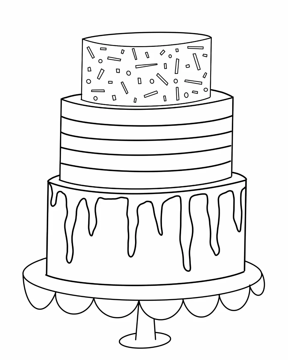 Three-tier cake coloring page: one large cake on a scalloped stand with sprinkle, stripe and drip-icing layers to color