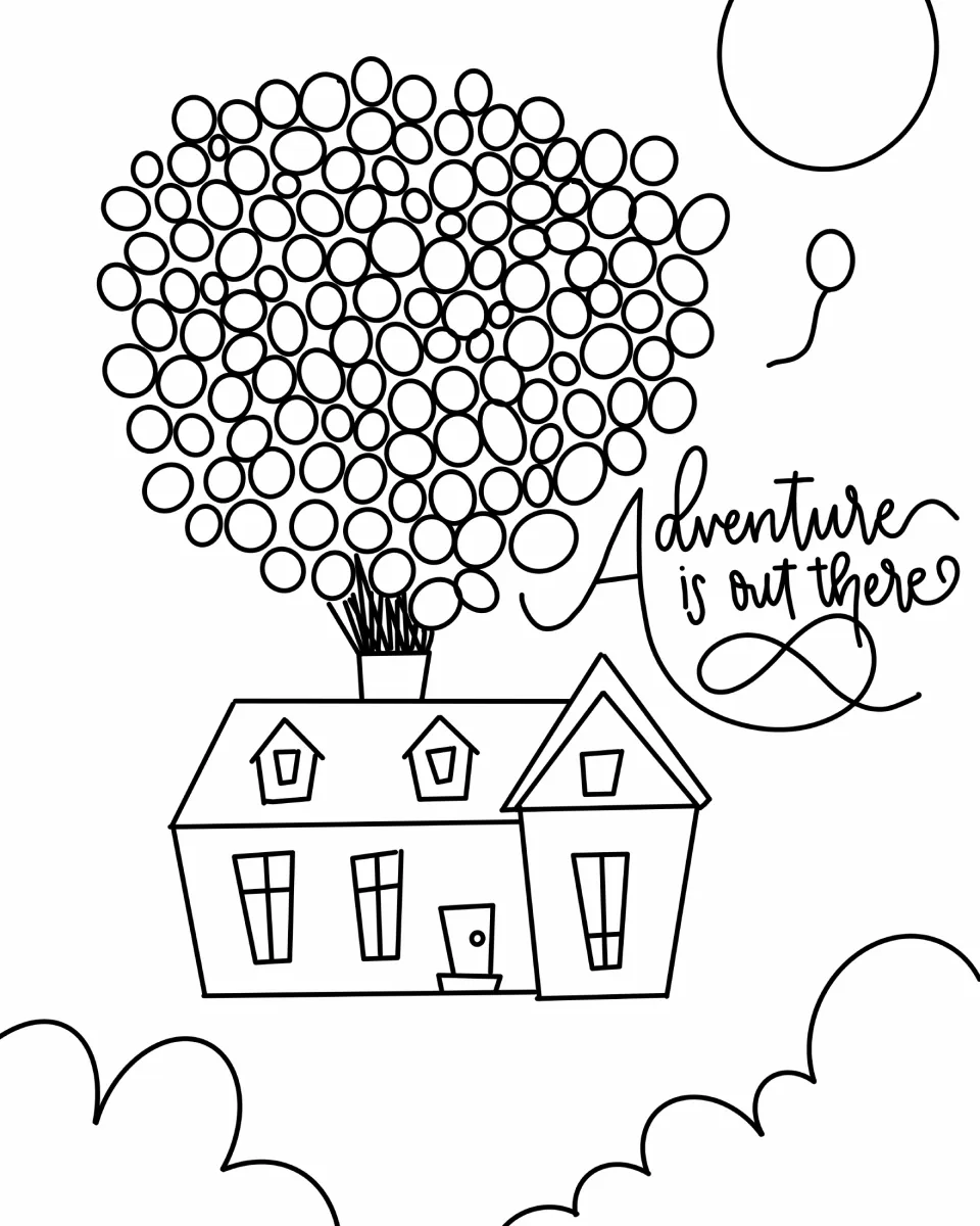 Adventure is out there coloring page: a house lifted by a big bunch of balloons floating above clouds beside the sun