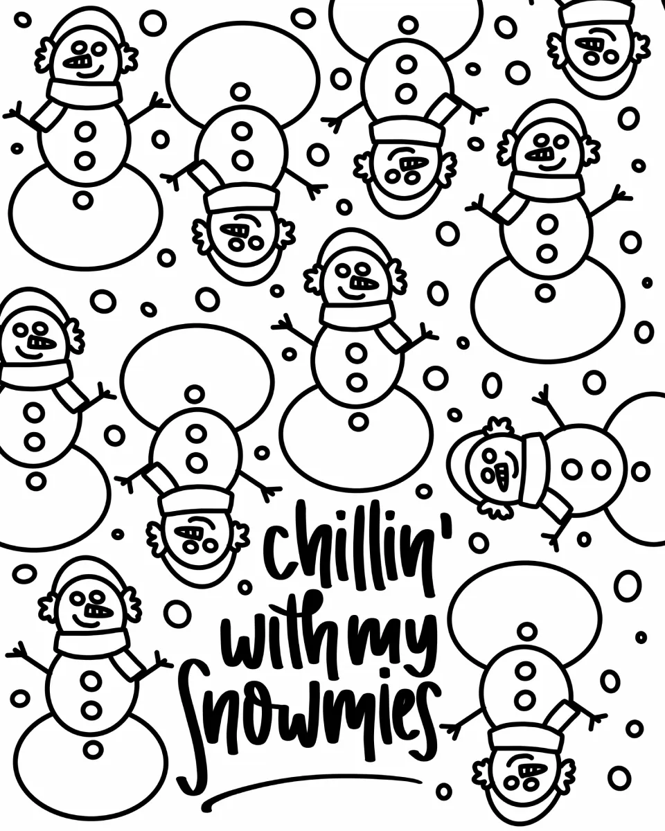 Chillin' with my snowmies coloring page: smiling snowmen in earmuffs and scarves, some upside down, among falling snow