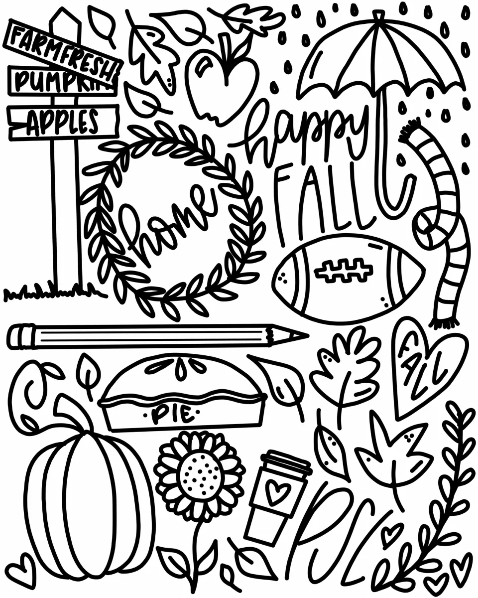 Happy Fall coloring page: students color a farm sign for pumpkins and apples, a home wreath, pie, umbrella and sunflower