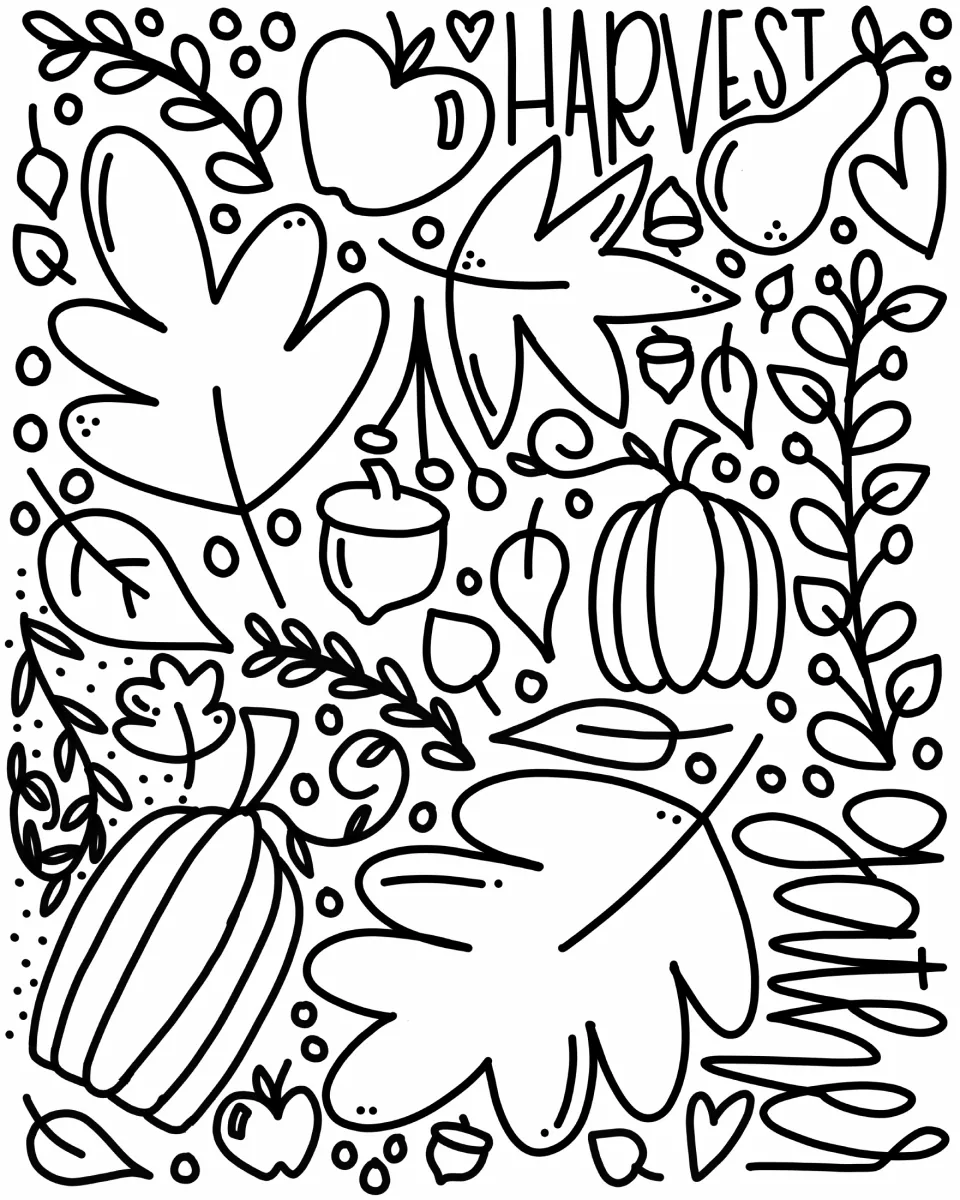 Harvest coloring page: students color large leaves, pumpkins, acorns, an apple, a pear and berry sprigs