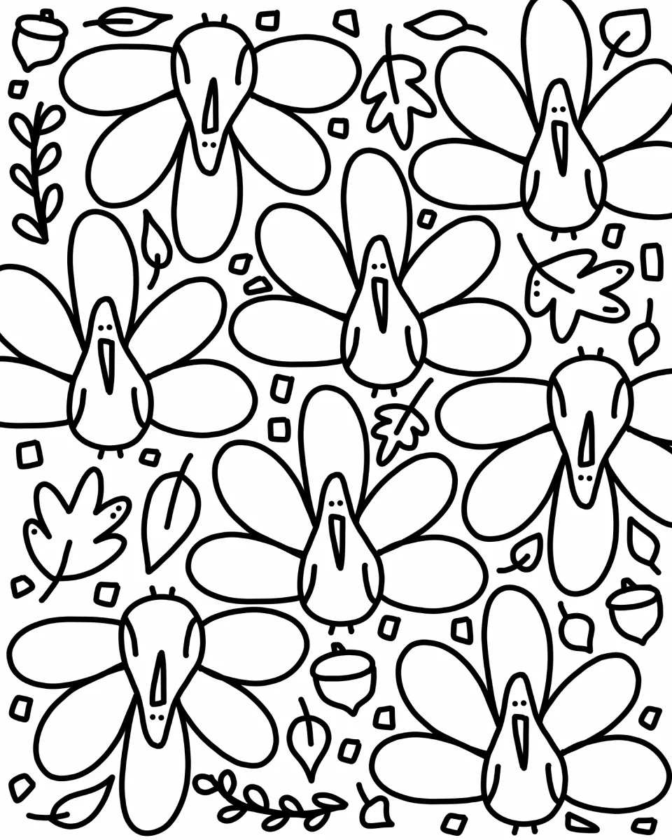 Turkey pattern coloring page: students color cartoon turkeys with round tail feathers among scattered leaves and acorns