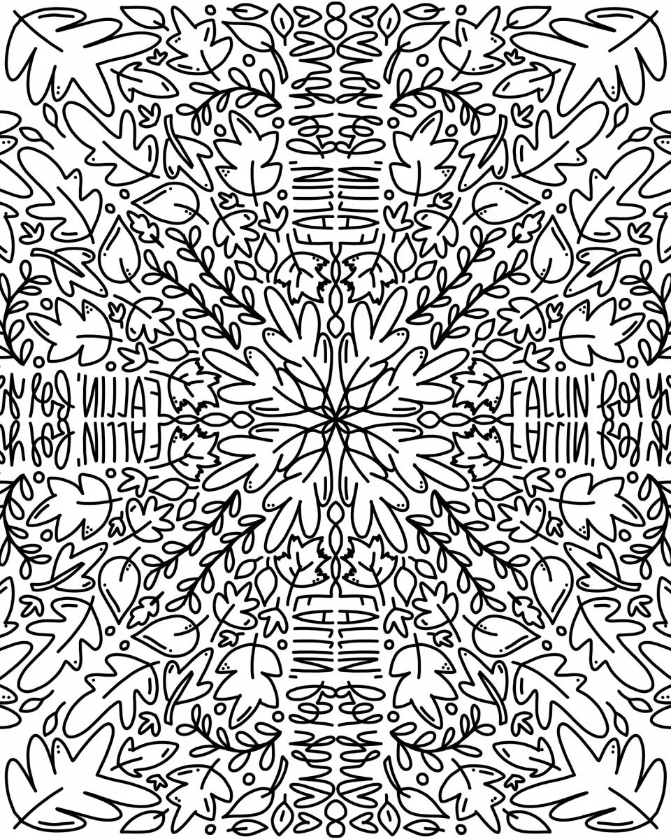 Fallin' for You mirrored leaf design: students color a symmetrical pattern of leaves and sprigs with repeated lettering