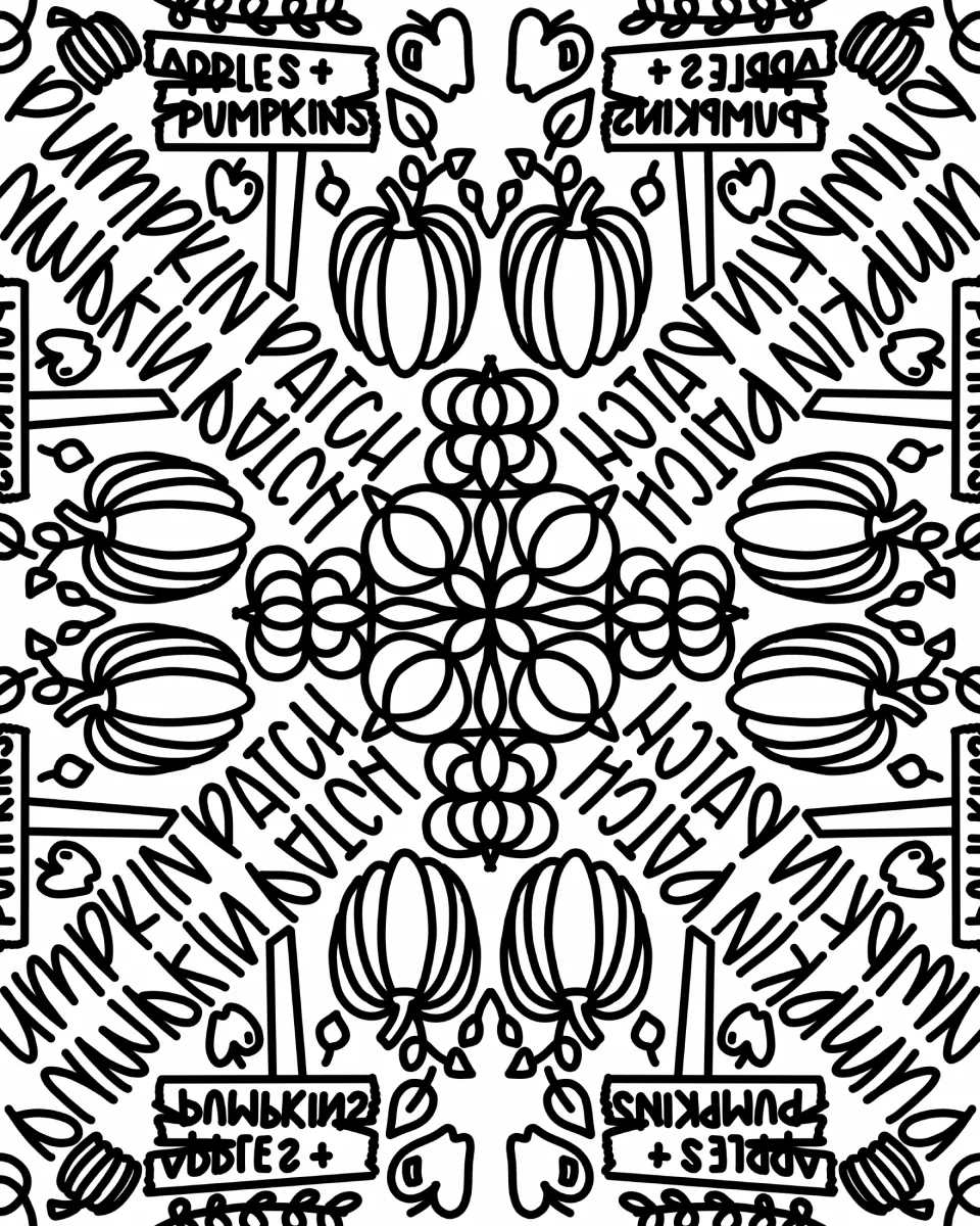 Pumpkin Patch mirrored design: students color pumpkins, apples and Apples + Pumpkins signs around a center motif