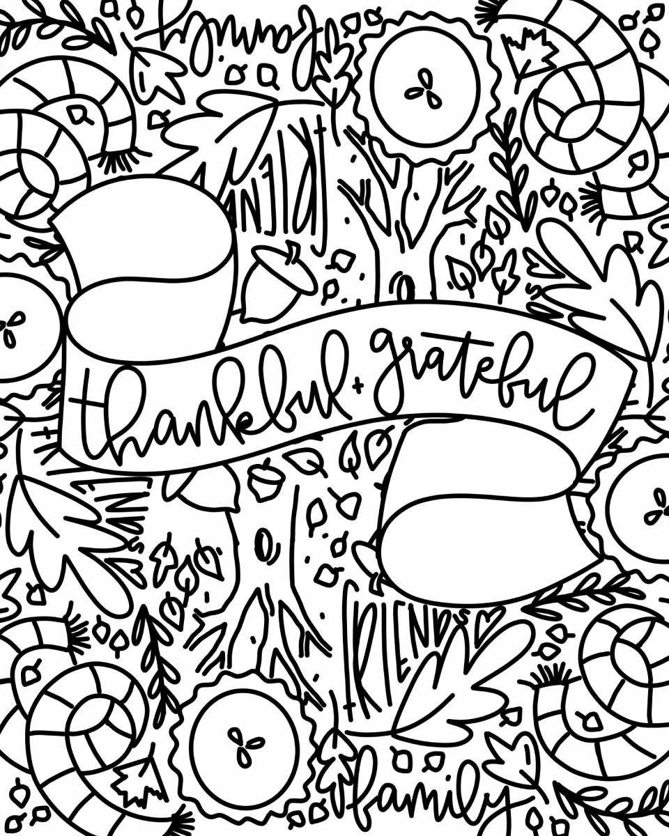 Thankful + Grateful coloring page: students color a banner, pies, trees, acorns, scarves and the words friends and family