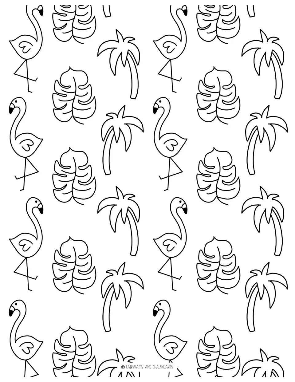 Tropical coloring page: students color repeating outline doodles of flamingos, monstera leaves and palm trees