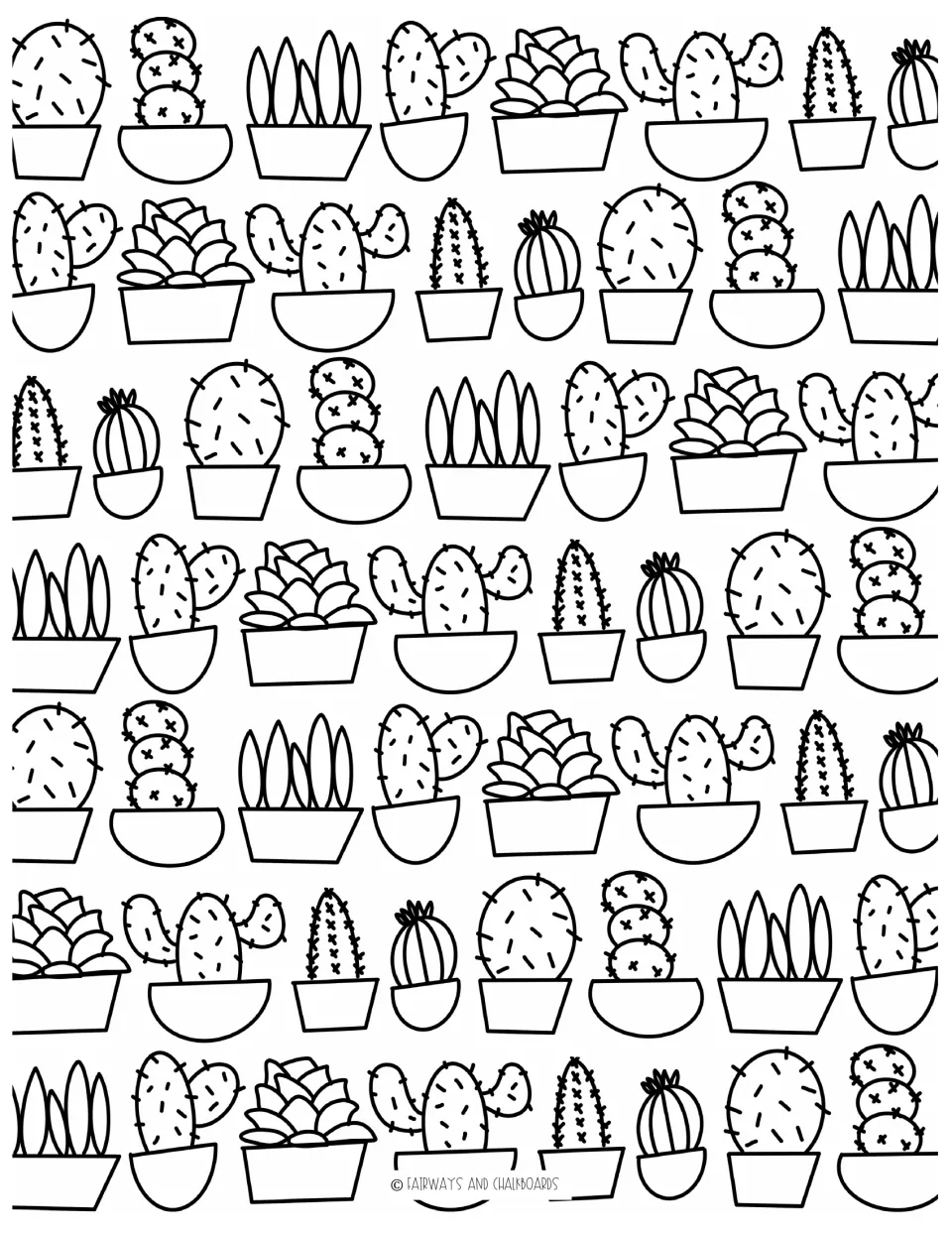 Cactus coloring page: students color rows of doodled cacti and succulents, each set in its own little pot