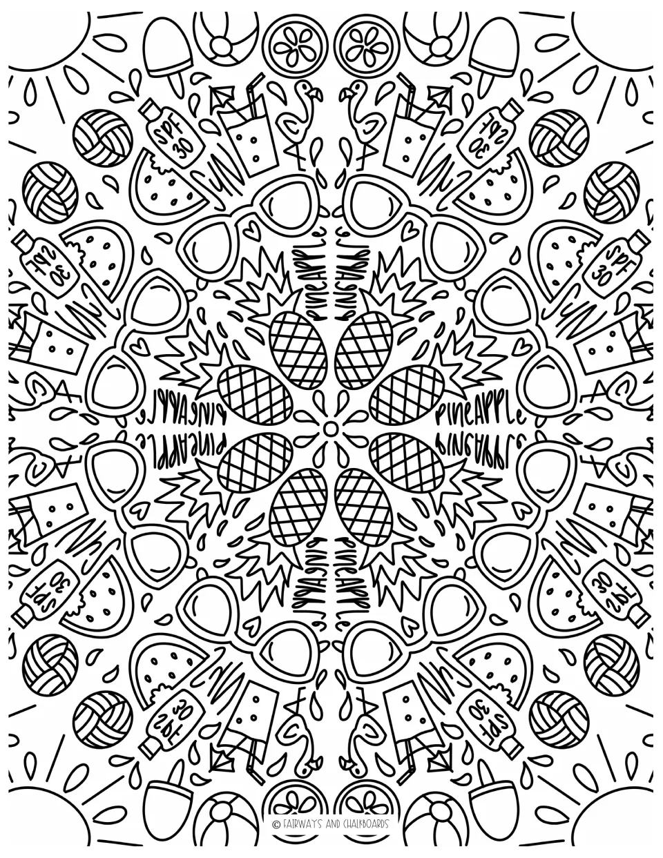 Summer mandala to color: pineapples, sunglasses, SPF 30 bottles, watermelon, flamingos and suns radiate from the center