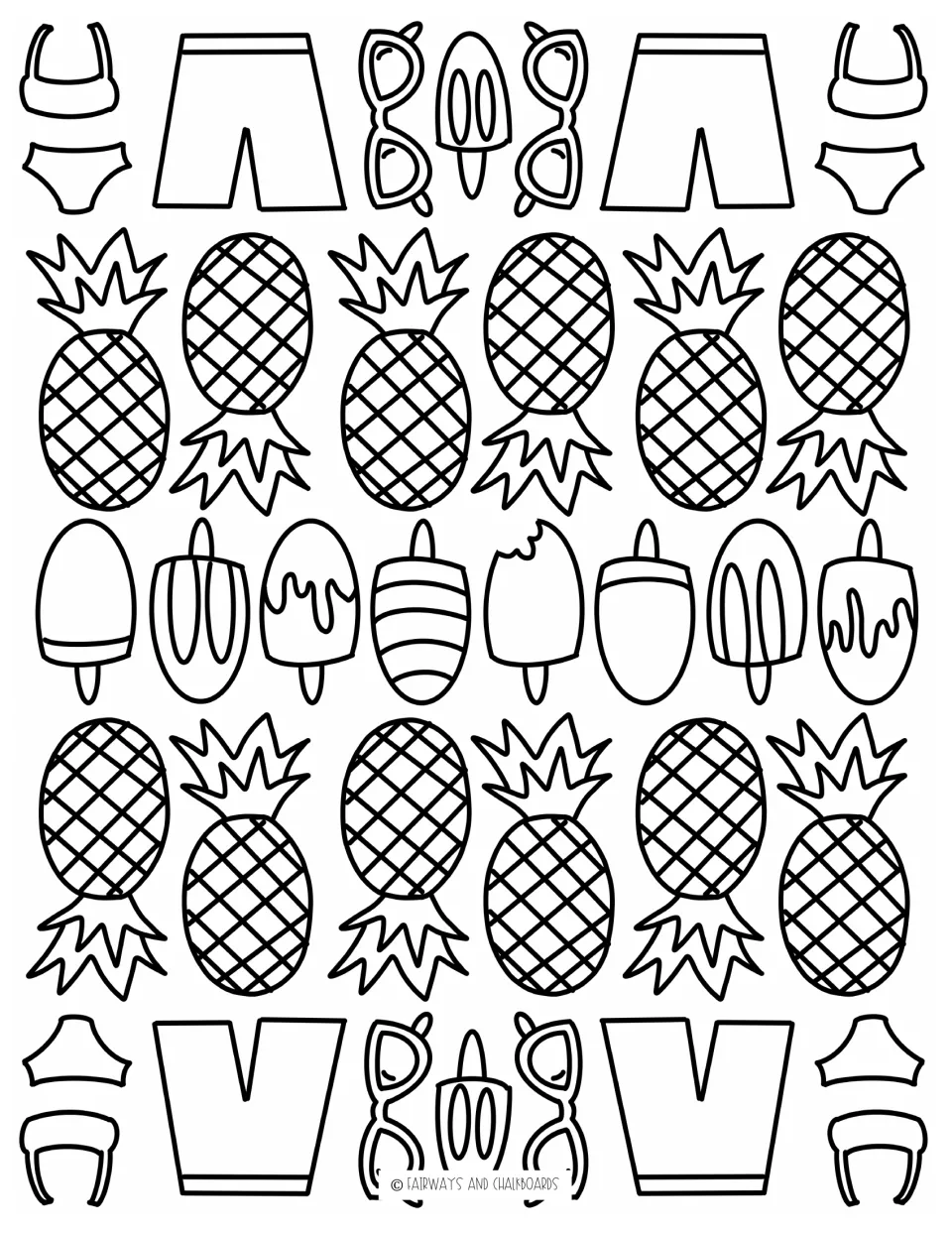 Beach-day coloring page: students color rows of pineapples, popsicles, swim trunks, swimsuits and cat-eye sunglasses