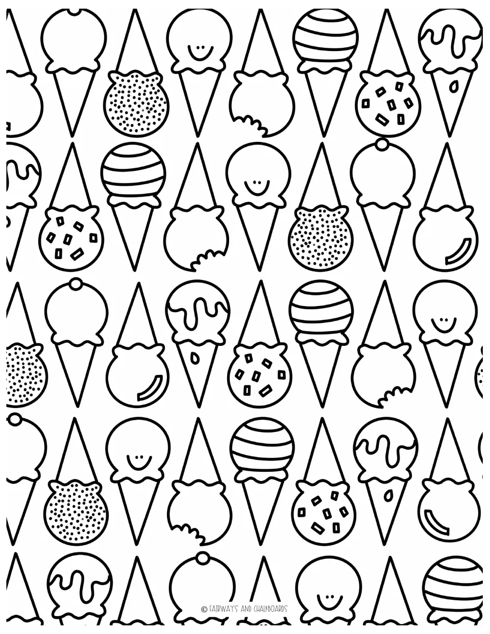 Ice cream cone coloring page: students color alternating upright and upside-down cones with sprinkles, stripes and smiles
