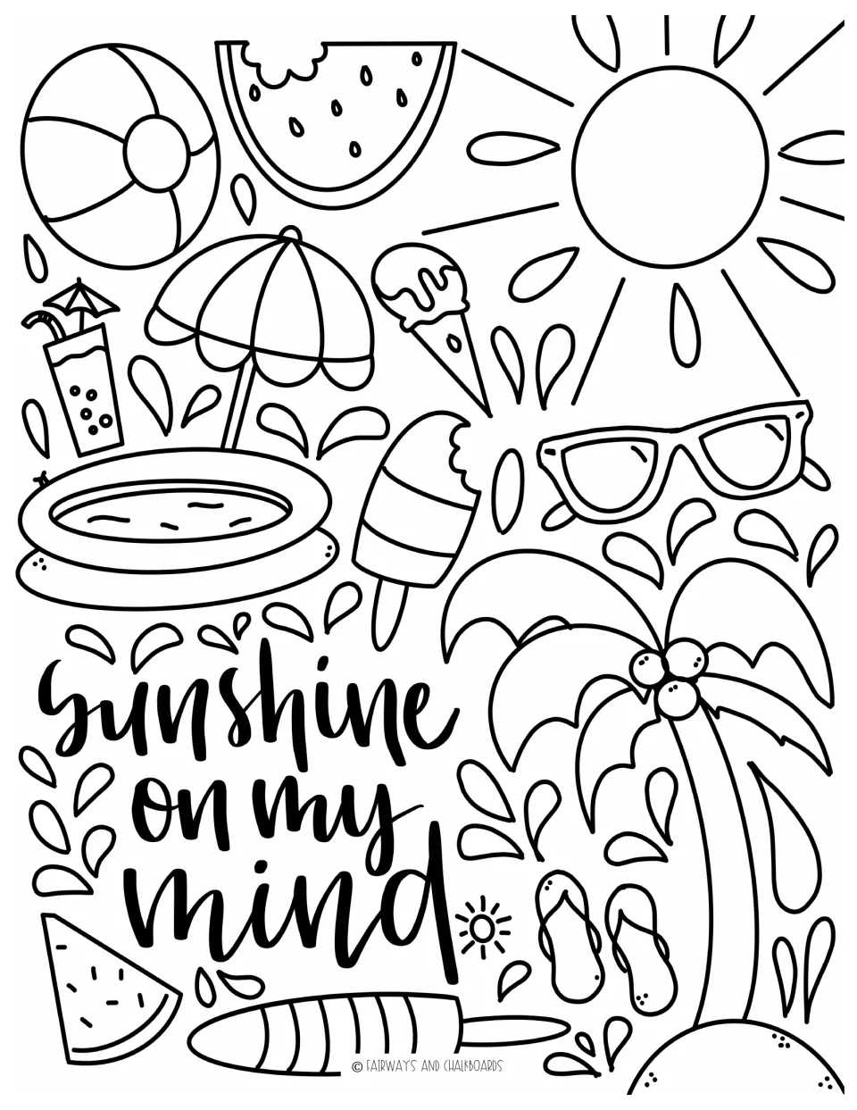 Sunshine on My Mind coloring page: students color a sun, palm tree, beach ball, pool, umbrella, popsicle and flip-flops
