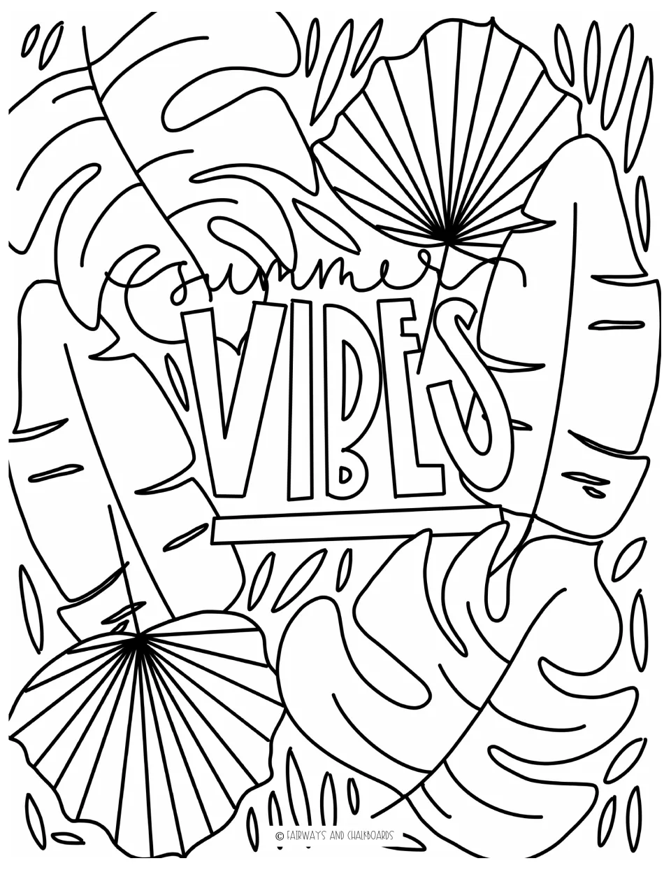 Summer Vibes coloring page: students color bold hand lettering set over large tropical banana, palm and monstera leaves