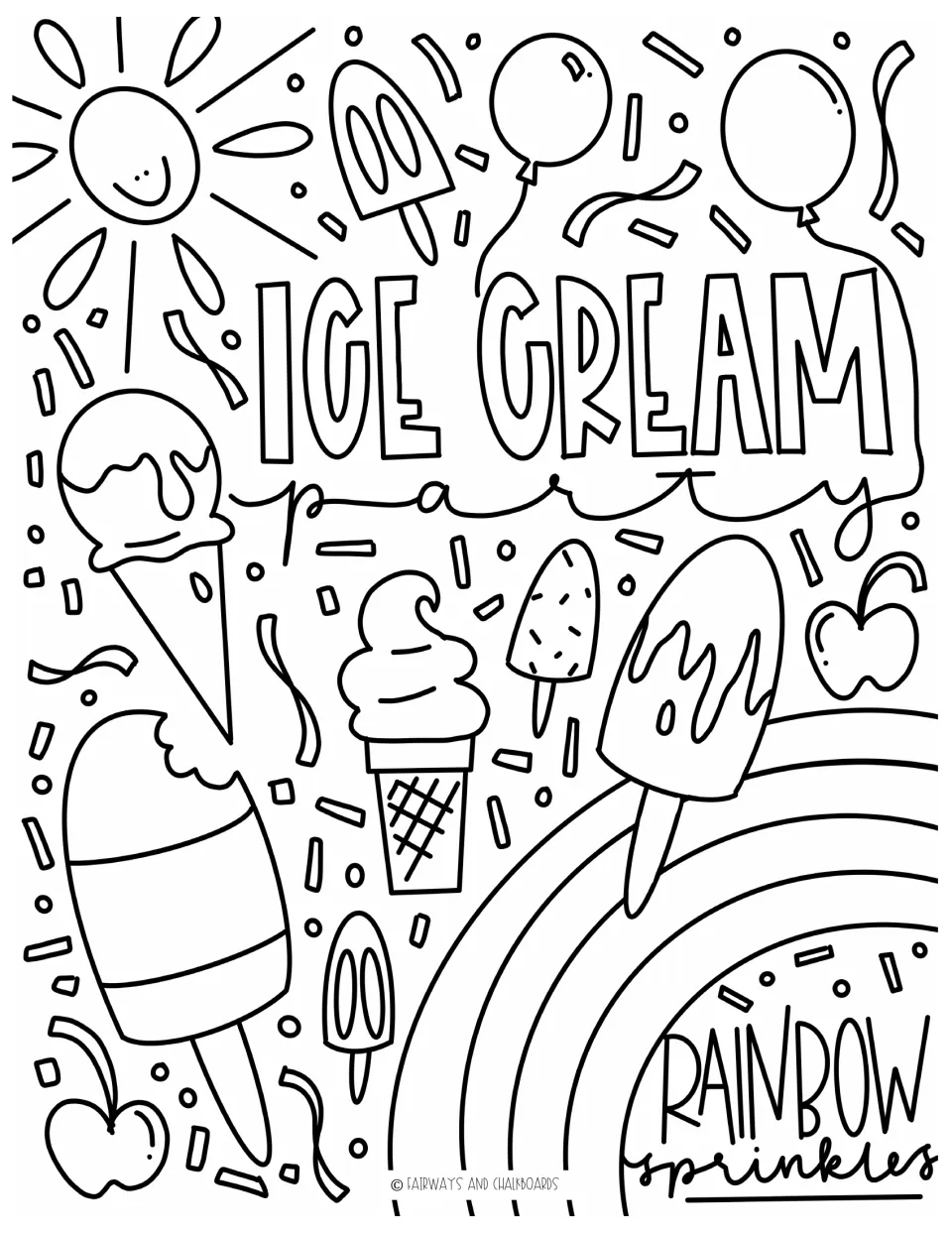 Ice Cream Party coloring page: students color cones, popsicles, balloons, a smiling sun and a rainbow with sprinkles