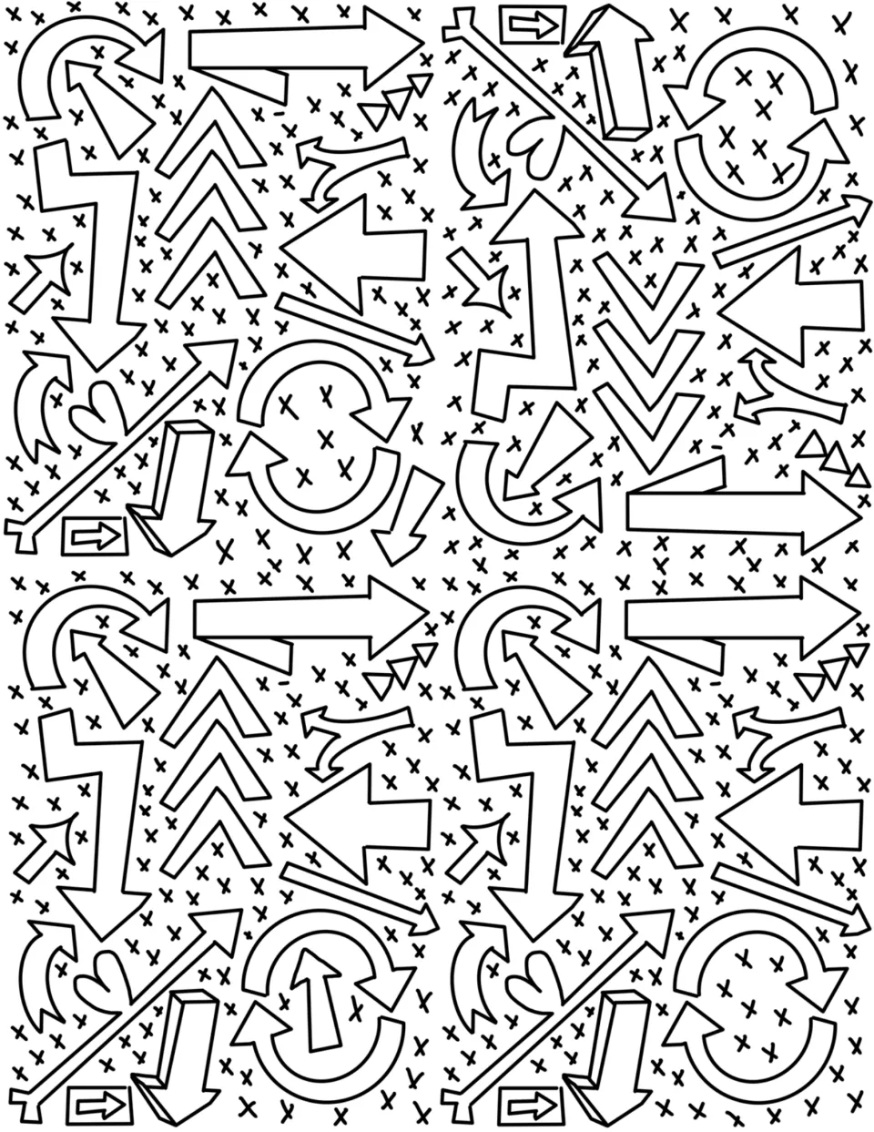 Arrow doodle coloring page: students color hand-drawn straight, curved, chevron and 3D arrows among small x marks