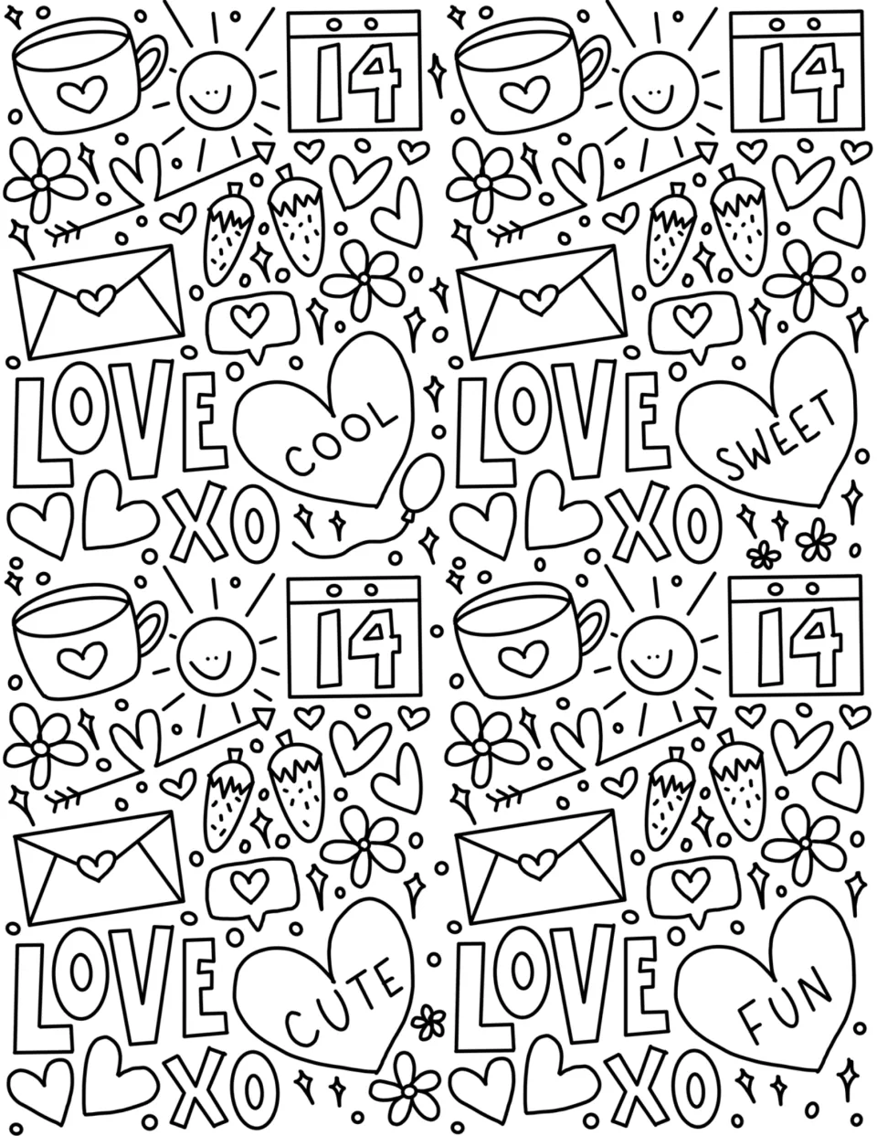 Valentine coloring page: students color mugs, Feb 14 calendars, envelopes, strawberries, LOVE, XO and candy hearts