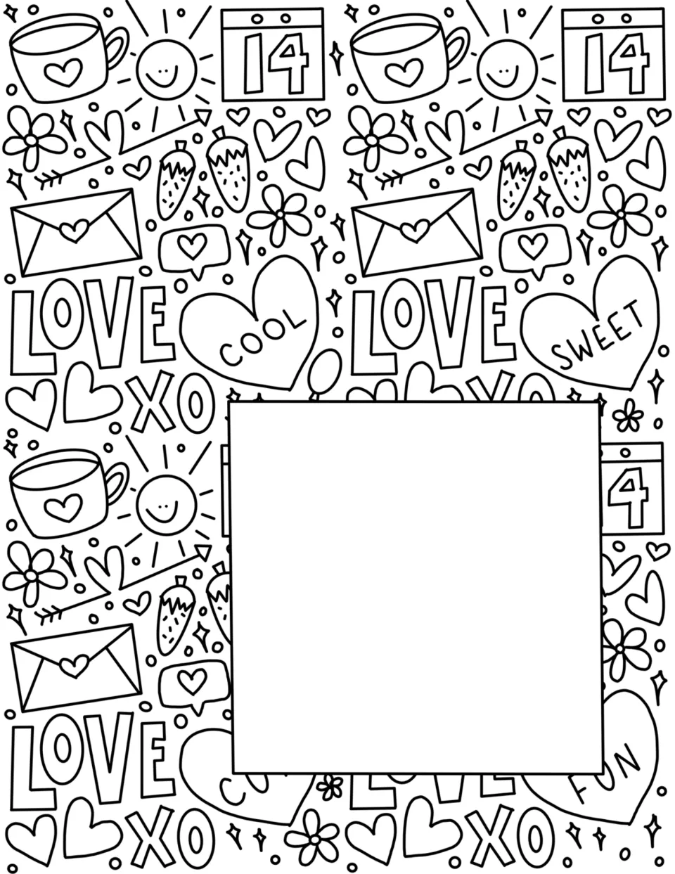 Valentine doodle coloring page with a blank center square for students to letter their own message before coloring